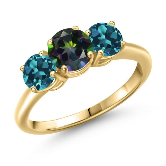 Gem Stone King 18K Yellow Gold Plated Silver Green Mystic Topaz and London Blue Topaz Engagement Ring for Women | 2.40 Cttw | Round 6MM | Gemstone November Birthstone | Size 8