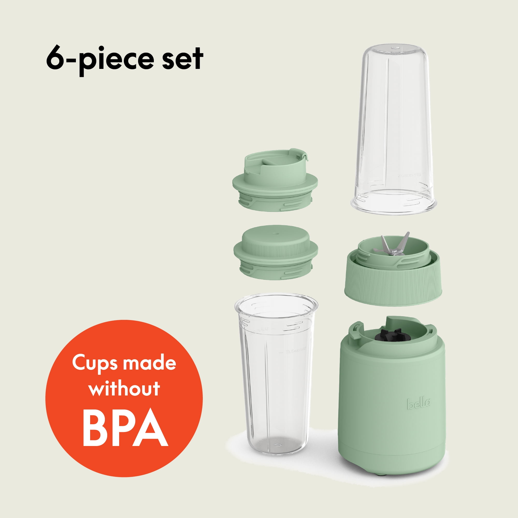 bella 6-Piece Portable Rocket Blender, Personal Smoothie Maker with Durable Stainless Steel Blades, Seaglass