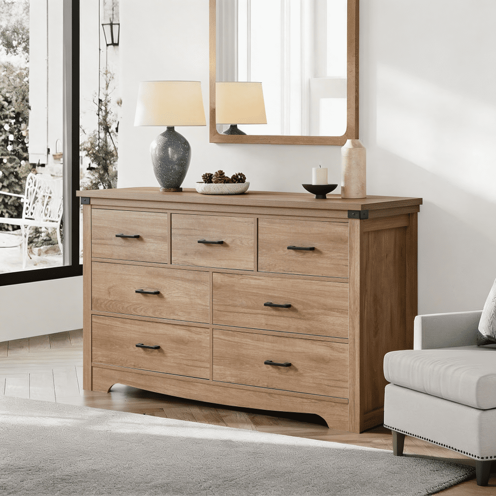 ABOURT Rustic Oak 7 Drawer Dresser for Bedroom, Farmhouse Wood Chest of Drawers with Metal Handles and Thickened Top for Closet and Living Room