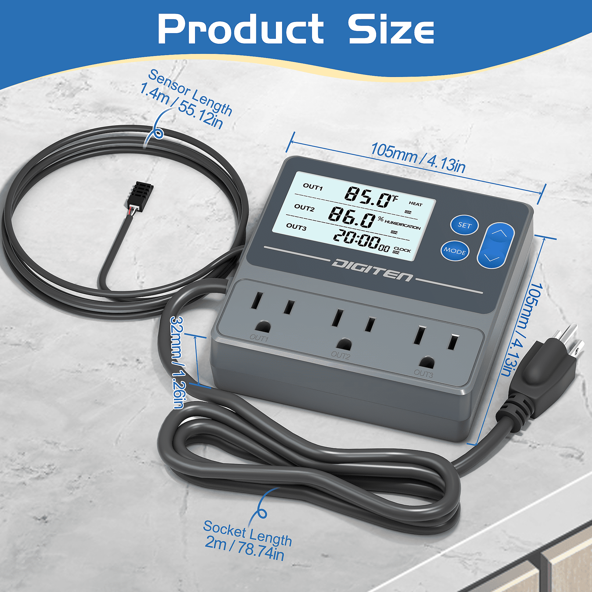 SENSTREE Digital Temperature & Humidity Controller with 3 Pre-Wired Smart Outlets - Independent Control for Heating/Cooling, Humidification, and Timer Functions - Ideal for Mushroom Growing