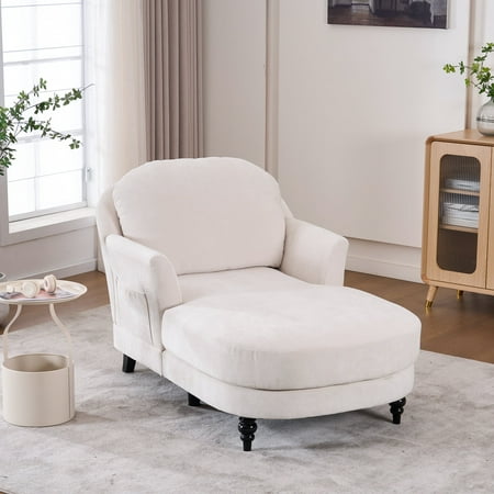 Upholstered Chaise Lounge, Comfy Linen Single Sofa Chair, Living Room Bedroom Rest Chair,Beige