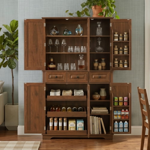 72" Tall Farmhouse Kitchen Pantry Cabinet with 3 Pull-Out Trays & 6 Door Racks, Walnut Brown
