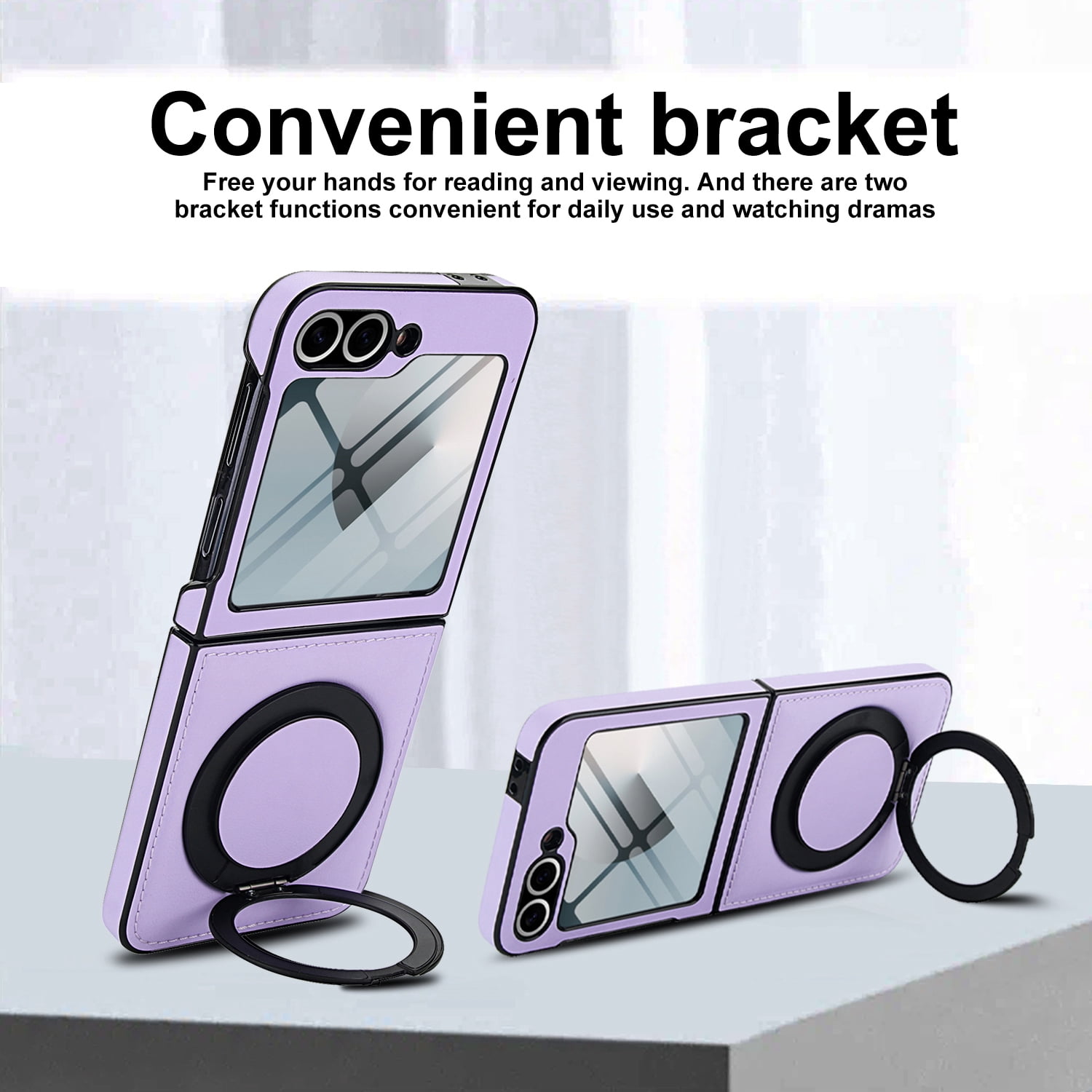 Compatible with Samsung Galaxy Z Flip 7 Phone Case,Built-in Screen Protector,360° Rotatable Ring Kickstand,Compatible with Mag-Safe,Anti-Scratch Leather Shockproof Rugged Phone Case,Lightpurple