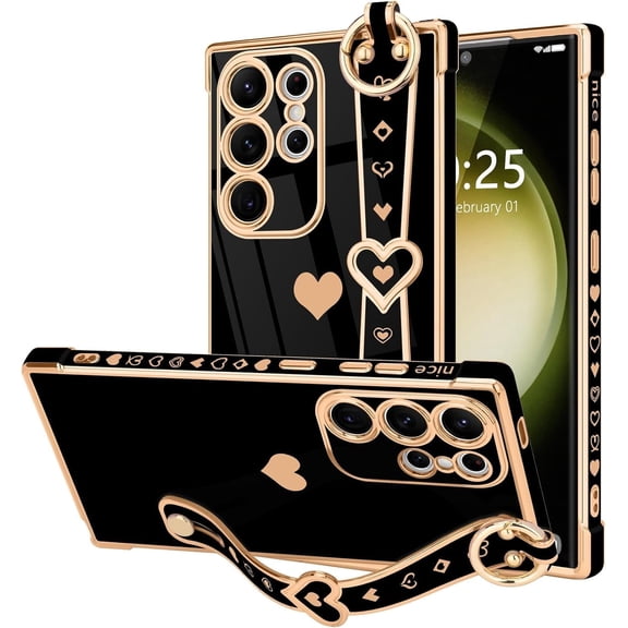 Samsung Galaxy S23 Ultra 5G Case with Cute Love-Heart Plating Strap, Bling Silicone Camera Protection, Shockproof Bumper Case (6.8")