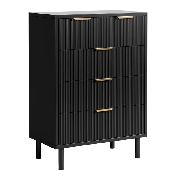 QinaQin Cómoda ondulada natural de 5 cajones, mueble moderno de madera con cajones anchos, patas metálicas y sistema antivuelco para entrada o pasillo
