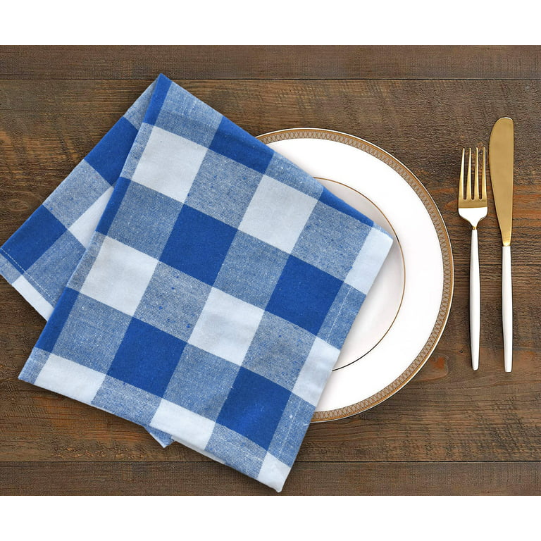 All Cotton and Linen Plaid Cotton Dinner Napkins | 1 Navy Blue & White | Set of 6 - Washable Cloth Napkins