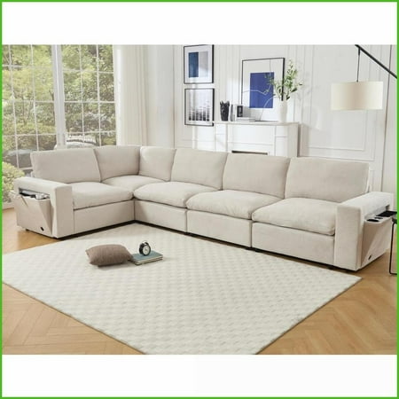 5-Seat Modular Sectional Sofa with Wireless Charging, Cup Holders & Book Storage - Soft Linen, Beige | Beige | Linen | Cushion Back