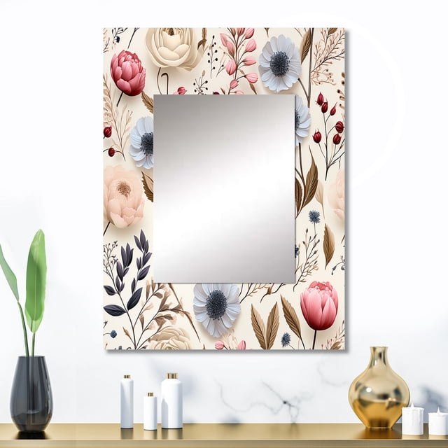 Designart "Ranunculus Whispers" Floral Wall Mirror, Printed Pink Wall Mirror, Traditional Bathroom Wall Mirror, Decorative Floral Mirror - 24x32 Inch