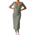 thumbnail image 3 of Women Square Neck Casual Dresses Summer Ribbed Short Sleeve Bodycon Maxi Dress Side Slit Knit Long Sundress Green L, 3 of 5