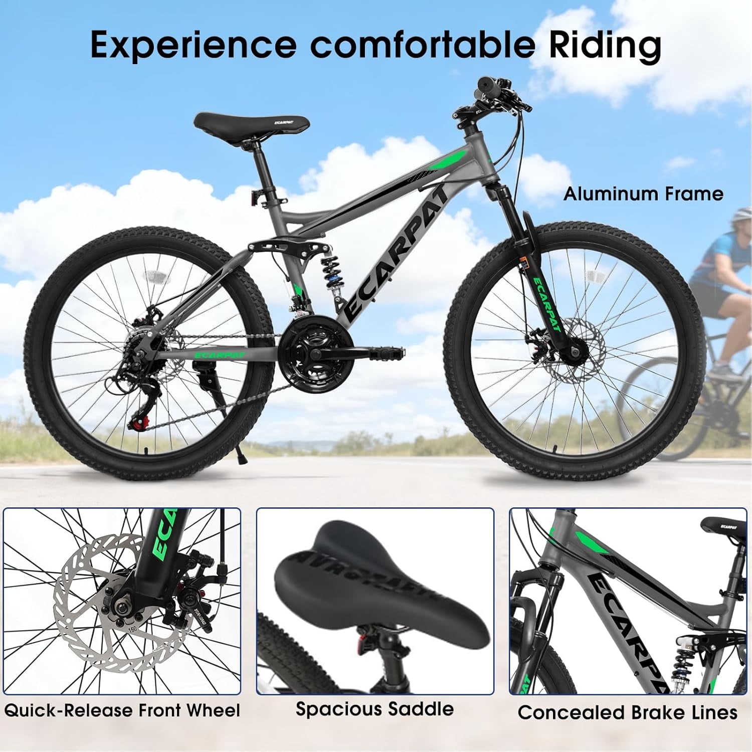 Ambifirner Mountain Bike 24 Inch Wheels, 21-Speed Full Suspension Mens Womens Trail Commuter City Mountain Bike, High Carbon Steel Frame Disc Brakes Grip Shifter
