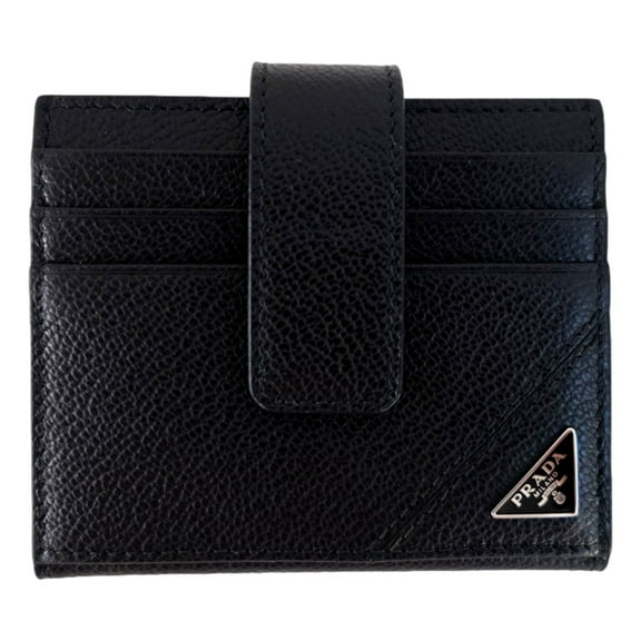 New Prada Men’s Vitello Grain Leather Card Bifold Wallet Black Snap Closure 12 Card Slots Made in Italy