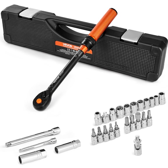 VEVOR Click Torque Wrench Set, 3/8 Inch Drive, 5-60 N.m/3.7-44.3 lbf.ft, Dual-direction, 72-Tooth, ±3% Precision, with Sockets, Bits, Extension Bar, Spark Plug Sockets, Adapter, for Automobile Repair