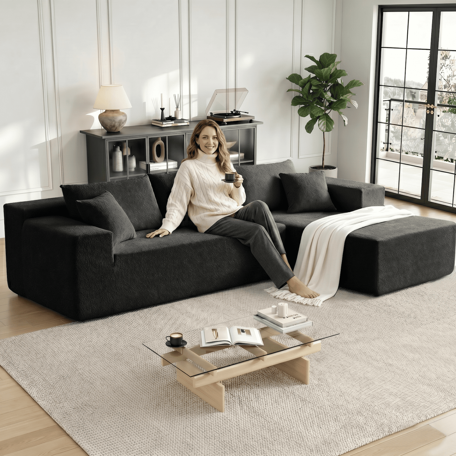 Xiweot 103" Boneless Sectional Sofa for Living Room, Memory Foam Cloud Modular Sectional Couch with Deep Seat, No Assembly Velvet L Shaped Sofa with Right Facing Chaise, Black