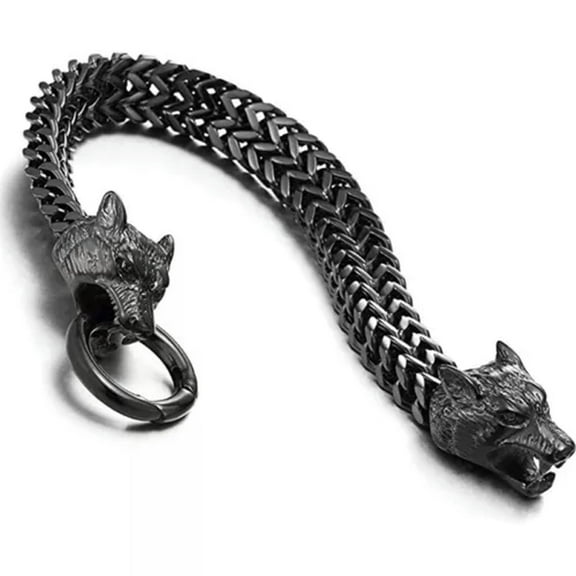 EOEMY Men Stainless Steel Wolf Head Bangle Chain Bracelet Fashion Wristband Cuff-Black-21Cm