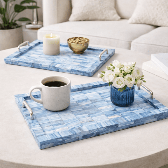 Expobazaar Bone Inlayed Tray S/2 - Multicolor Stainless Steel, Glass, Aluminum Handle