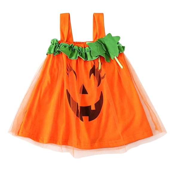 Toddler Girls Halloween Pumpkin Print Mesh Dress Sleeveless Tutu Party Princess Outfit