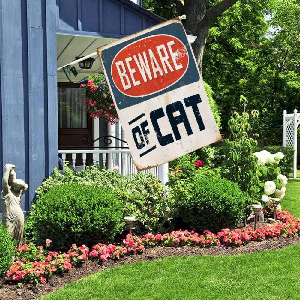 Beware of Cat House Flag Vertical Double Sided Burlap Vintage Metal Sign Grunge Effects Farmhouse Yard Outdoor Seasonal Flags Decoration 28 x 40 Inches