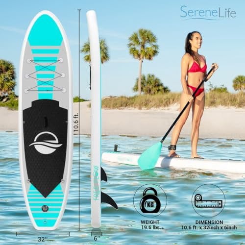SereneLife 105 Inflatable Stand Up Paddle Board and Detachable Seat  Free Flow SUP Paddleboard Set for Adults, Non-Slip EVA Deck Pad, Marine-Grade Build, 30" Wide Design, 275+ lbs. Capacity