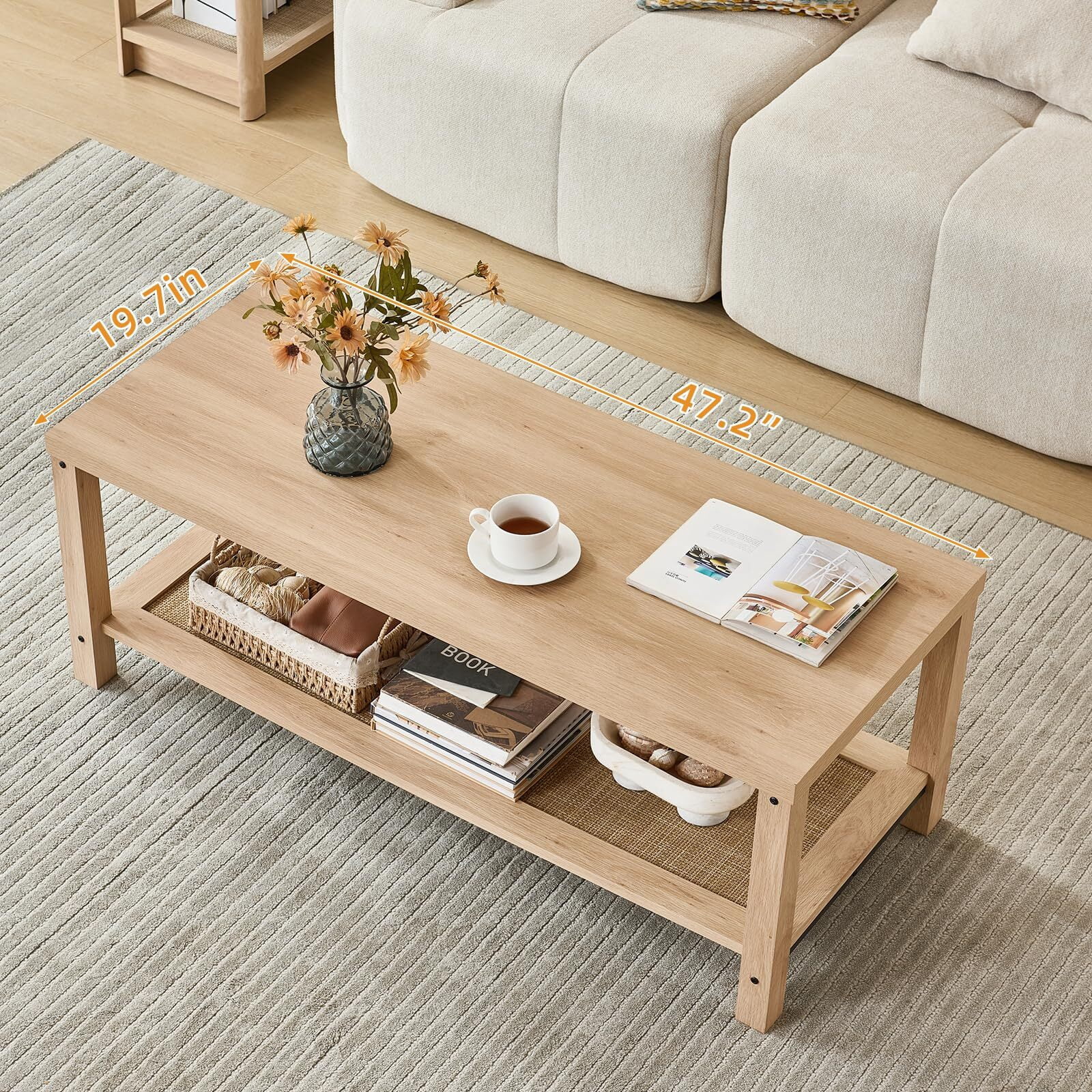Buildhom Boho Rattan Coffee Table with Woven Open Shelf, Natural Wood Center Table for Living Room, Natural