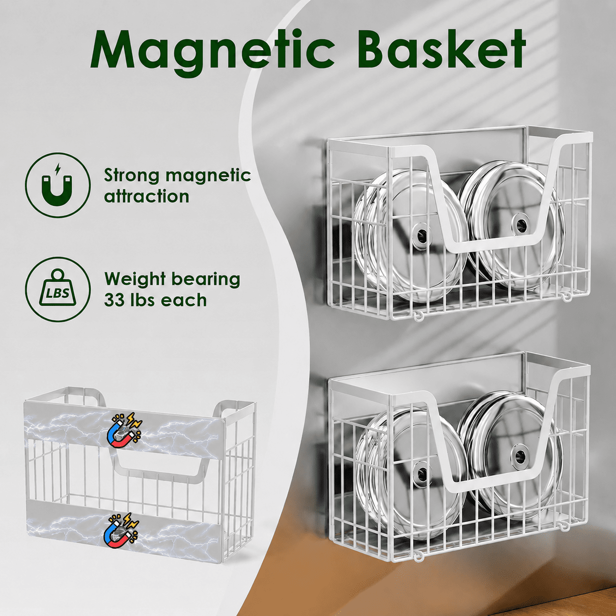 White Magnetic Shelf for Fridge, Fruit Potato and Onion Storage Bins, Magnetic Spice Rack Shelves for Side of Refrigerator, Fruit Basket Magnetic Fridge Shelf Kitchen Pantry Storage Organizer