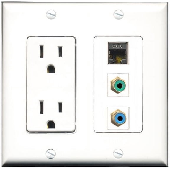 RiteAV - 15 Amp Power Outlet 1 Port RCA Green 1 Port RCA Blue 1 Port Shielded Cat6 Ethernet Ethernet Decorative Wall Plate