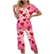 thumbnail image 1 of Puntoco Pijamas para mujer Conjunto de pijama con cuello redondo, manga corta, botones y cintura elástica con bolsillos y pantalón para mujer con estampado de San Valentín, 1 of 4