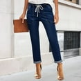 thumbnail image 3 of Women's Pull On Cropped Ankle Jeans, Elastic Waist Skinny Fit Stretch Denim Capri Pants, Solid Color 7/8 Length Slim Leg Trousers for Casual Wear Dark Blue L, 3 of 10