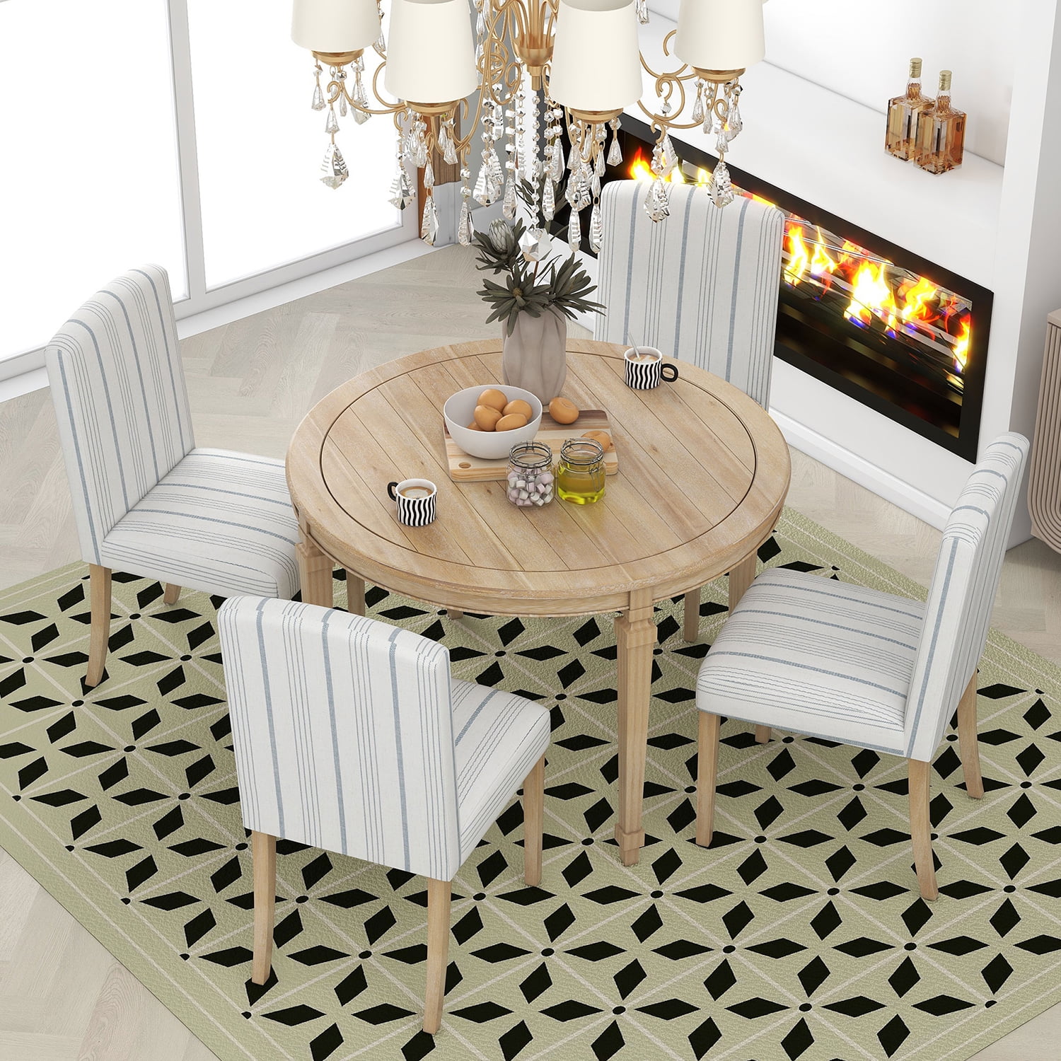 Kadyn 5-Piece Kitchen Dining Table Set, Solid Wood Round Table with 4 Upholstered Chairs for Apartment Kitchen, Natural Wood