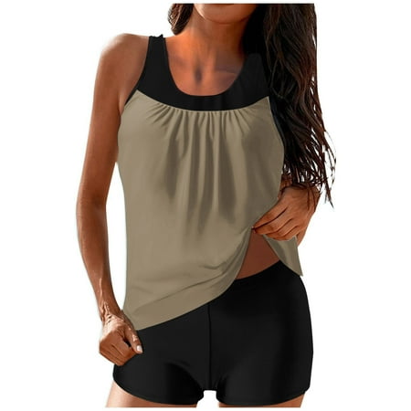 ZQGJB Tankini Swimsuits for Women Two Piece Bathing Suits Mesh Patchwork Blouson Tank Top with Boyshorts Tummy Control Modest Swimsuits(Khaki#01 XXL)