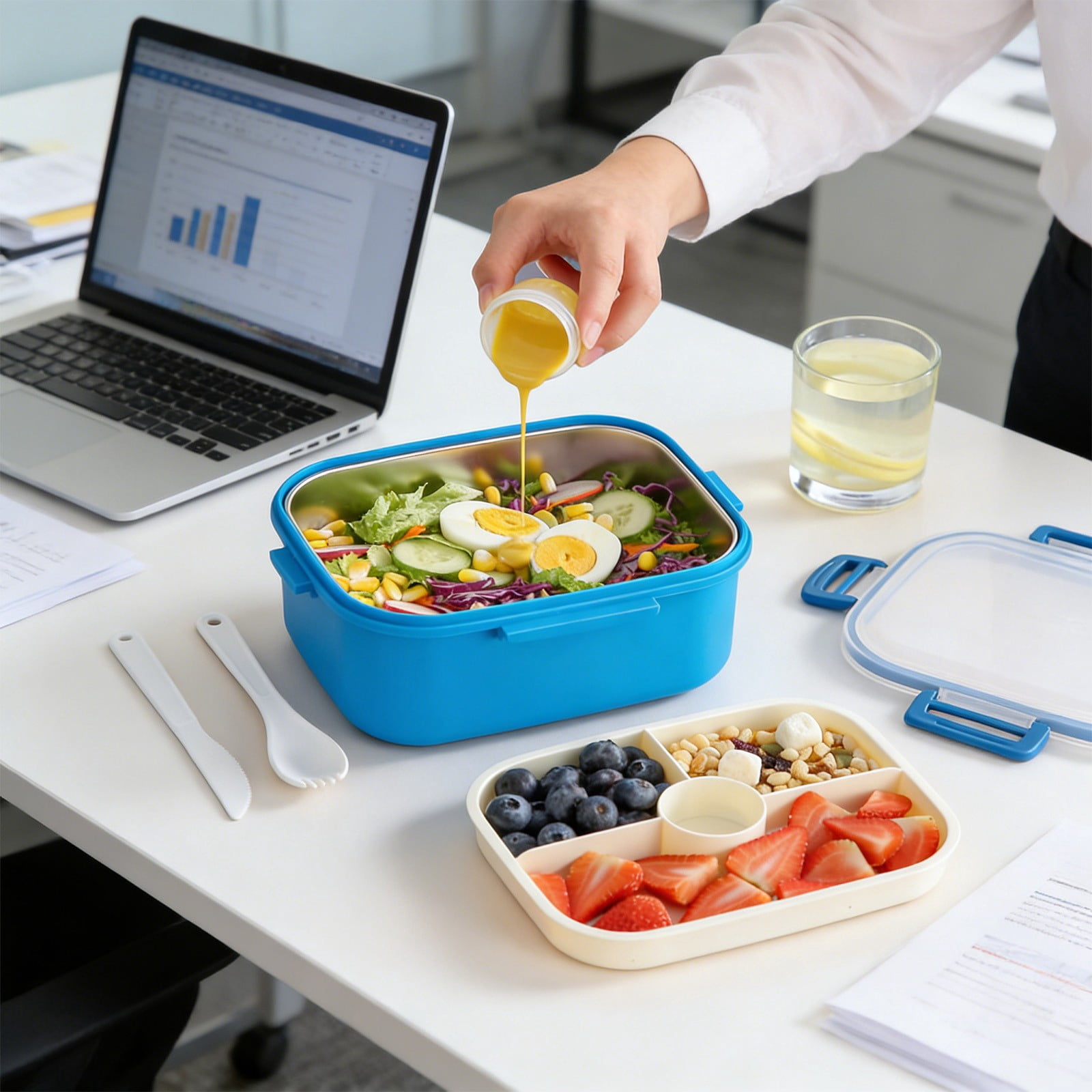 Rijanmt 304 Stainless Steel Lunch Box With 1 Fork & Knife,50.7 Oz Large Food Storage Container With 4-Compartments-Lid,Reusable Divided Meal Prep Box For Home Work Travel,Adults Students Use,Blue