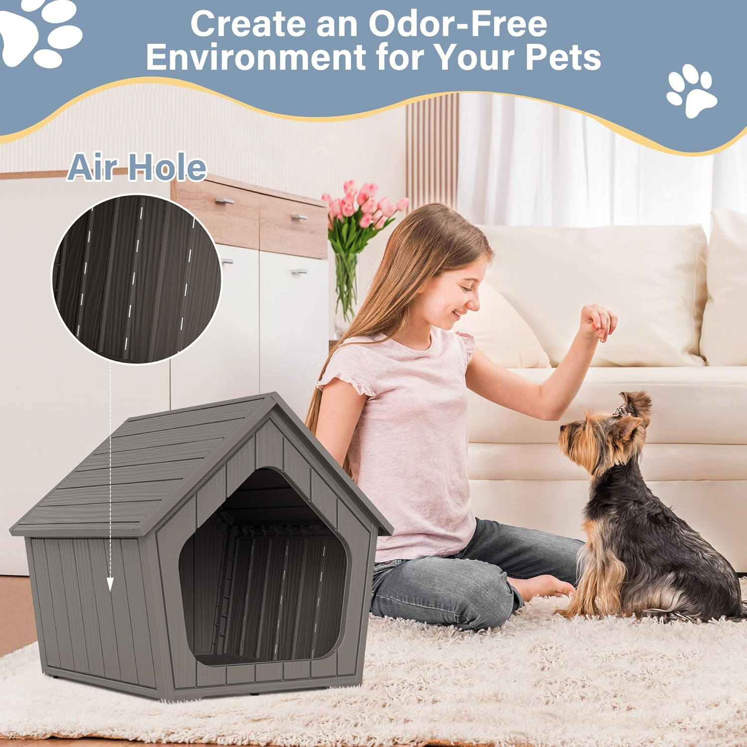 Sunny Lane Dog House Outdoor Indoor for Small Dogs - Plastic Pet Shelter, Easy-Assemble & Weather-Resistant for Living Room, Balcony (Grey, 18" L x 22.4" W x 22.2" H)