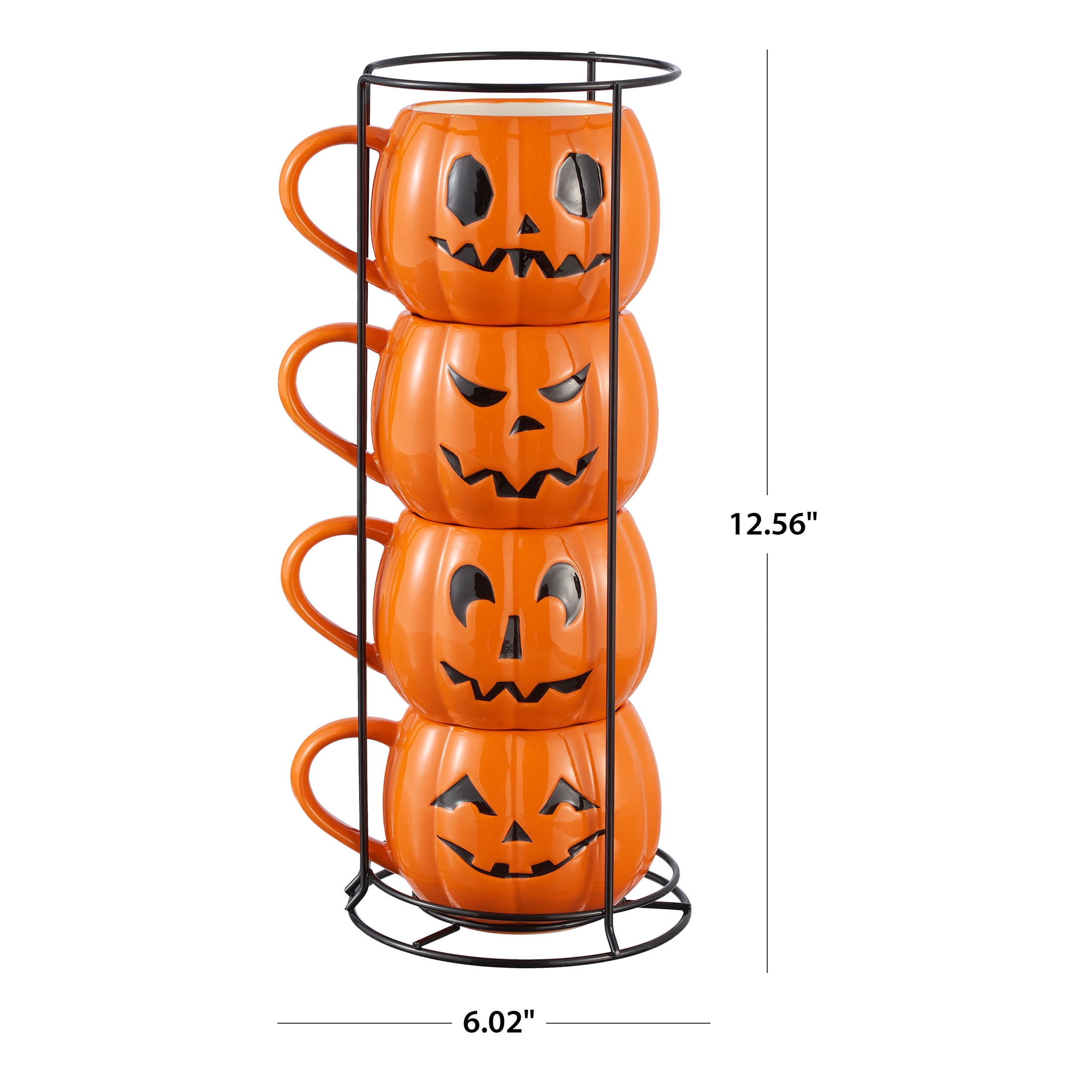 (2 pack) Halloween 13-Ounce Orange Pumpkin Stoneware Stackable Mug Set with Iron Rack, by Way To Celebrate