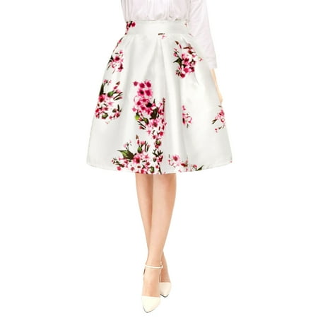 - Mother's Day Gift Women Floral High Waist Pleated A Line Midi Skirt Dress White S (US 6)