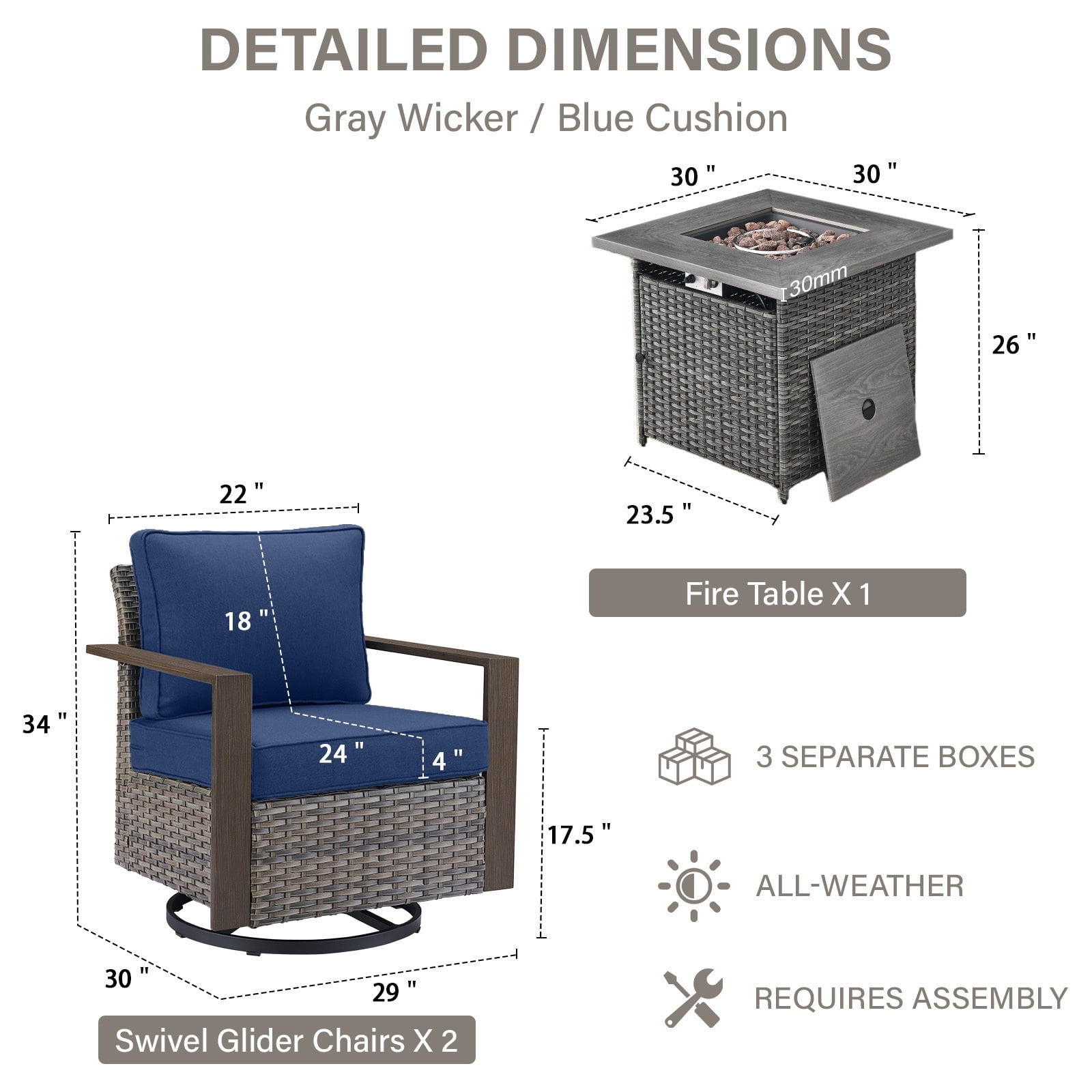 Luxury 5 Pieces Patio Furniture Sets with 50000BTU Propane Fire Pit Table,Outdoor Deep Seating Conversation Set with 4 Swivel Glider Patio Chair for Porch Backyard Balcony