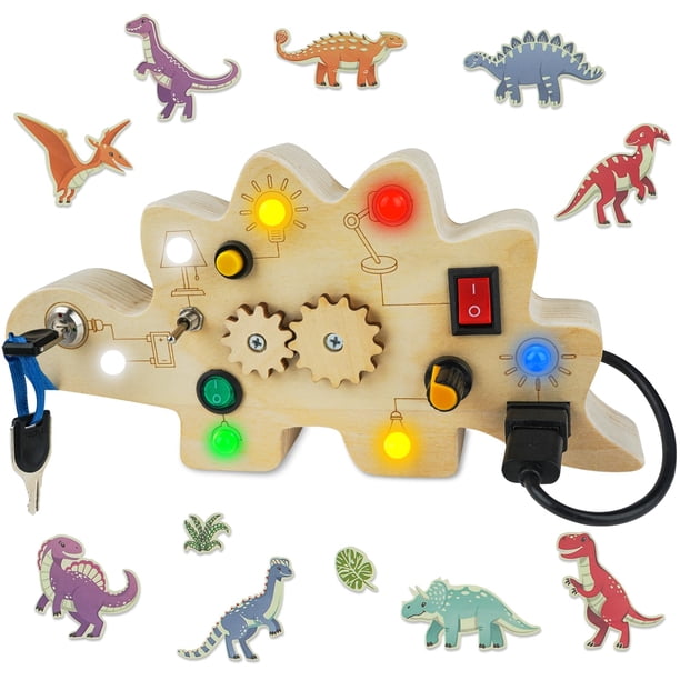 Tabla ocupada para niños pequeños, juguetes Montessori para bebés de 1 a 3 años, tabla ocupada de madera con luz LED, juguetes sensoriales de dinosaurios para niños pequeños