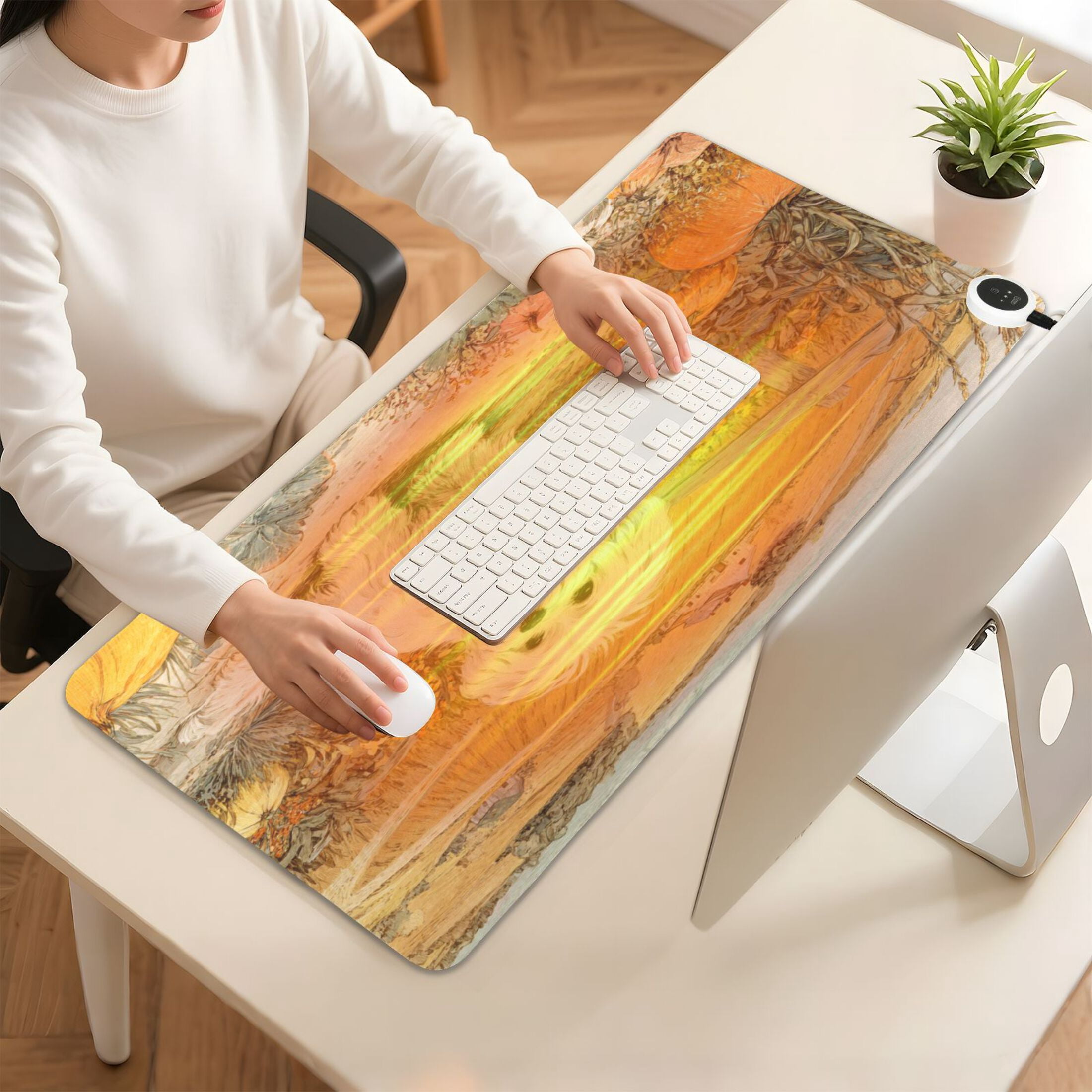 Large Heated Desk Mat Mouse Pad 31.5"x13"PU Leather Graphene Heating Desk Warmer with 3 Temperature Settings 110V US Plug Non-Slip Warm Pad for Home, Office, and Gaming White Havanese Dog Pattern