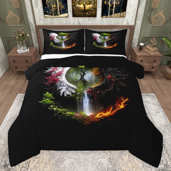 Feelyou Dreamy Life Tree Bedding Comforter Set, Black White Angel Wings Twin Comforter Sets, Jungle Flower Floral Reversible Bedding Set, Luxury Bedroom Decor, 2pcs