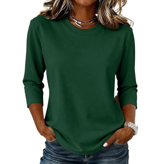 T-Shirts for Women 3/4 Sleeve Crew Neck Basic Solid Color Tops Soft Cotton Blend Summer Casual Layering Shirts Dark Green 2XL