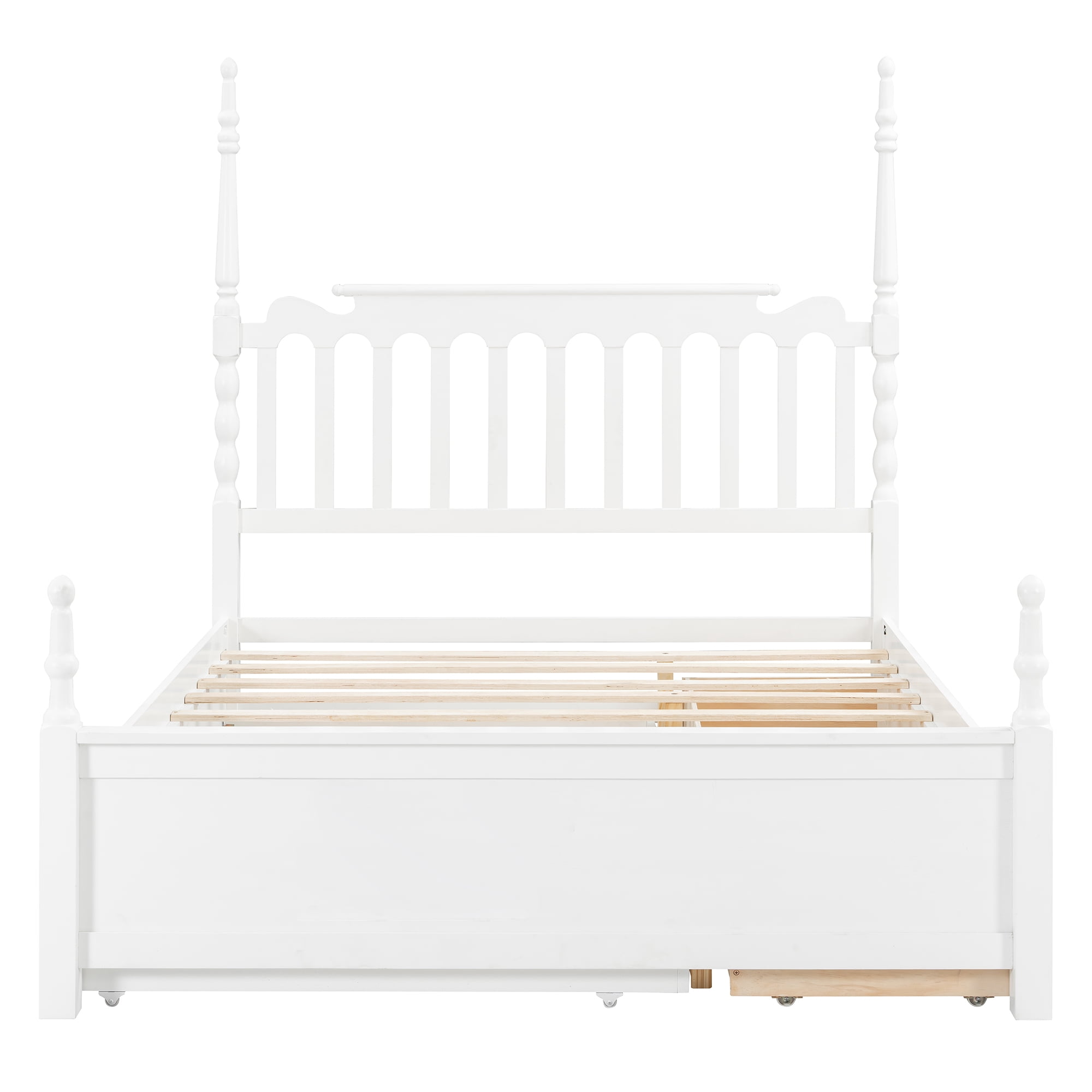 Mintazer Queen Size Bed Frame with Twin‑XL Trundle Bed & 2 Storage Drawers, Spindle Headboard Platform Bed for Bedroom, White
