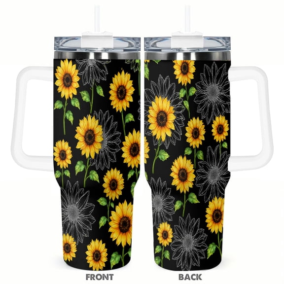 40oz Sunflower Floral Insulated Tumbler with Handle and Straw Lid Car Cup Holder Friendly Travel Coffee Cup Gift for Women