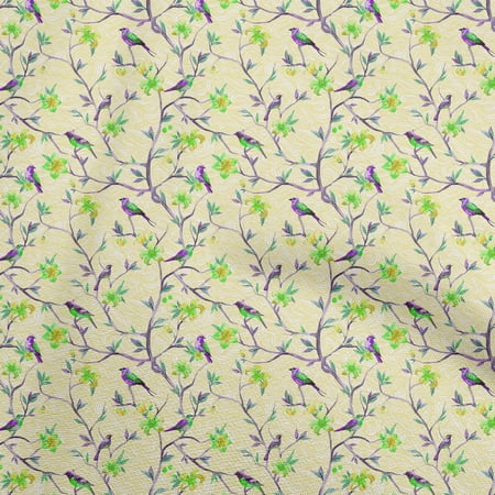 oneOone Georgette Viscose Medium Yellow Fabric Floral Flower With Bird Quilting Supplies Print Sewing Fabric By The Yard 42 Inch Wide