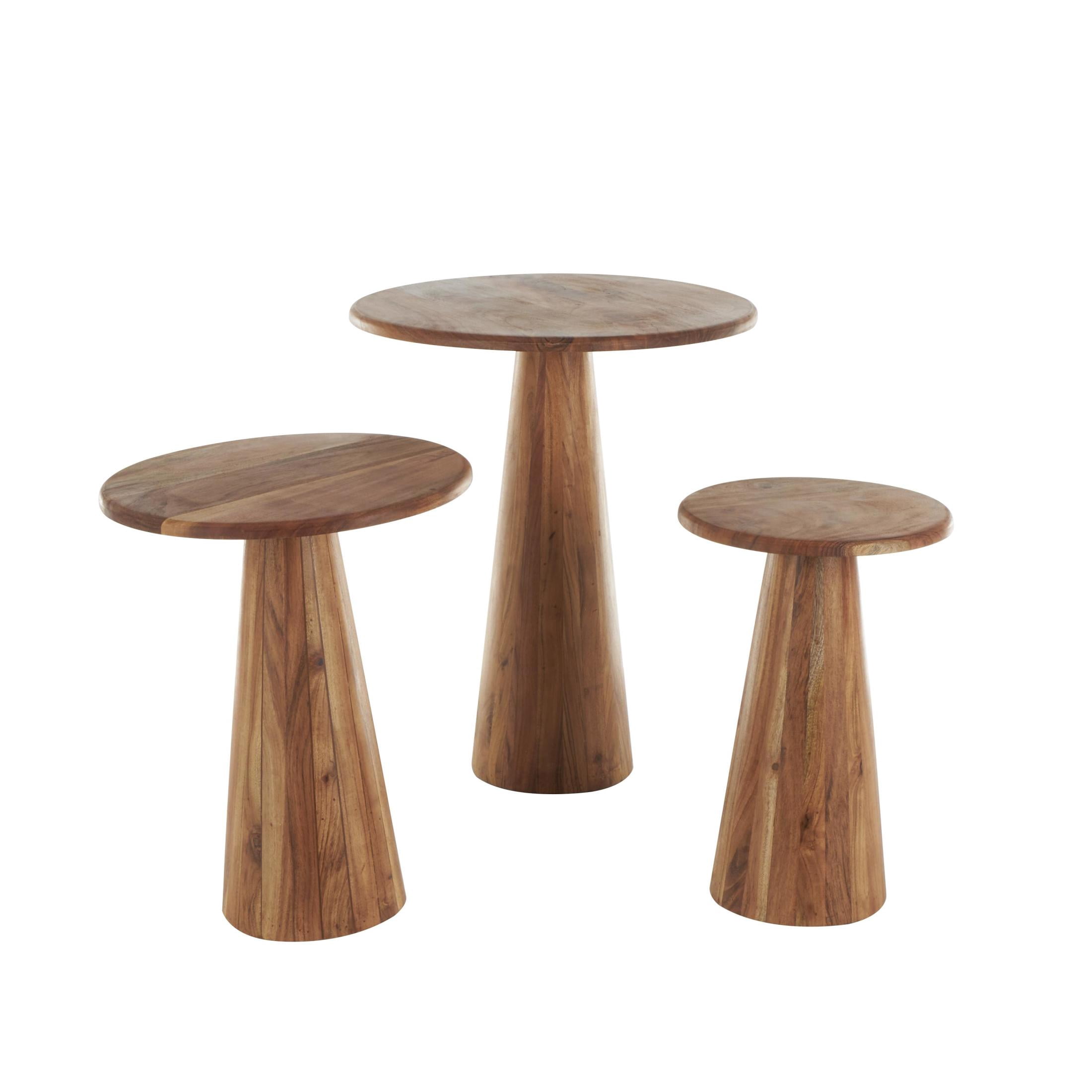 DecMode 12" x 16" Brown Wood Accent Table with Natural Wood Grains and Cone Shaped Bases, 3-Pieces