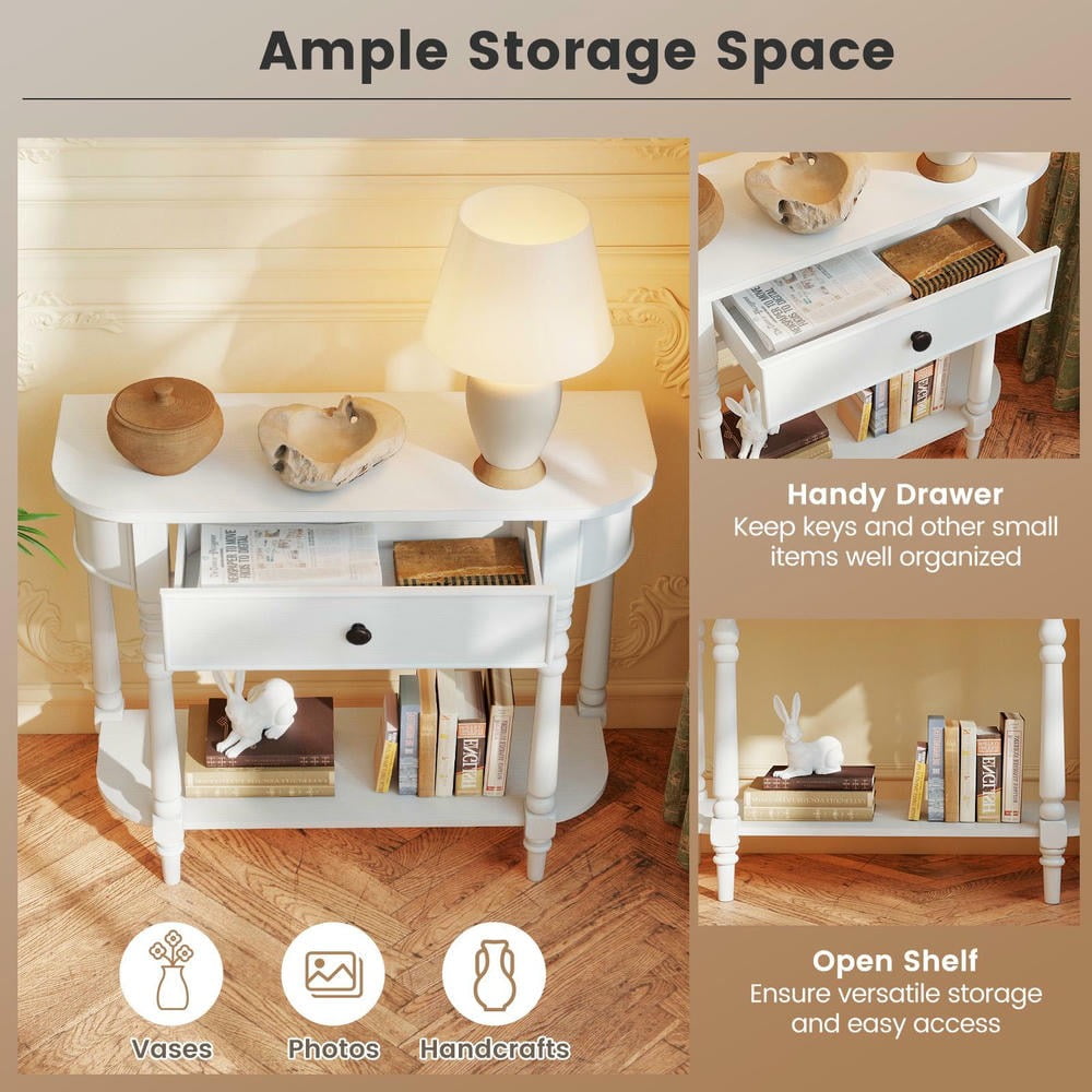 Barara King Retro Console Table with a Handy Drawer, 36"L Wooden 2-Tier Narrow Entryway Table for Hallway, Living Room, White