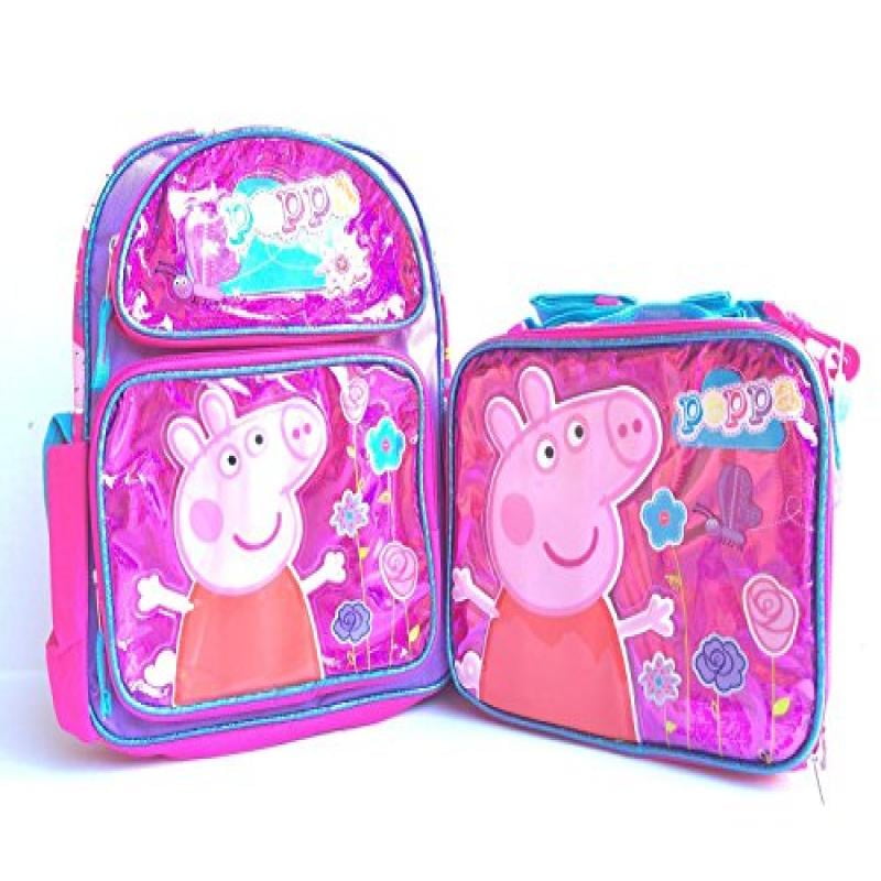 AI New Peppa Pig Shine Pink 12 Inches Backpack with Lunch Bag Set