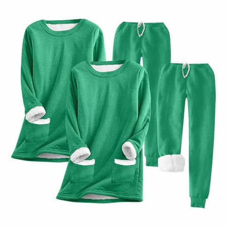 Stamzod Thermal Underwear for Women with Fleece Lined Base Layer Winter Top Pants Lounge Sets Long Sleeve Solid Womens Pajama Sets with Pockets on