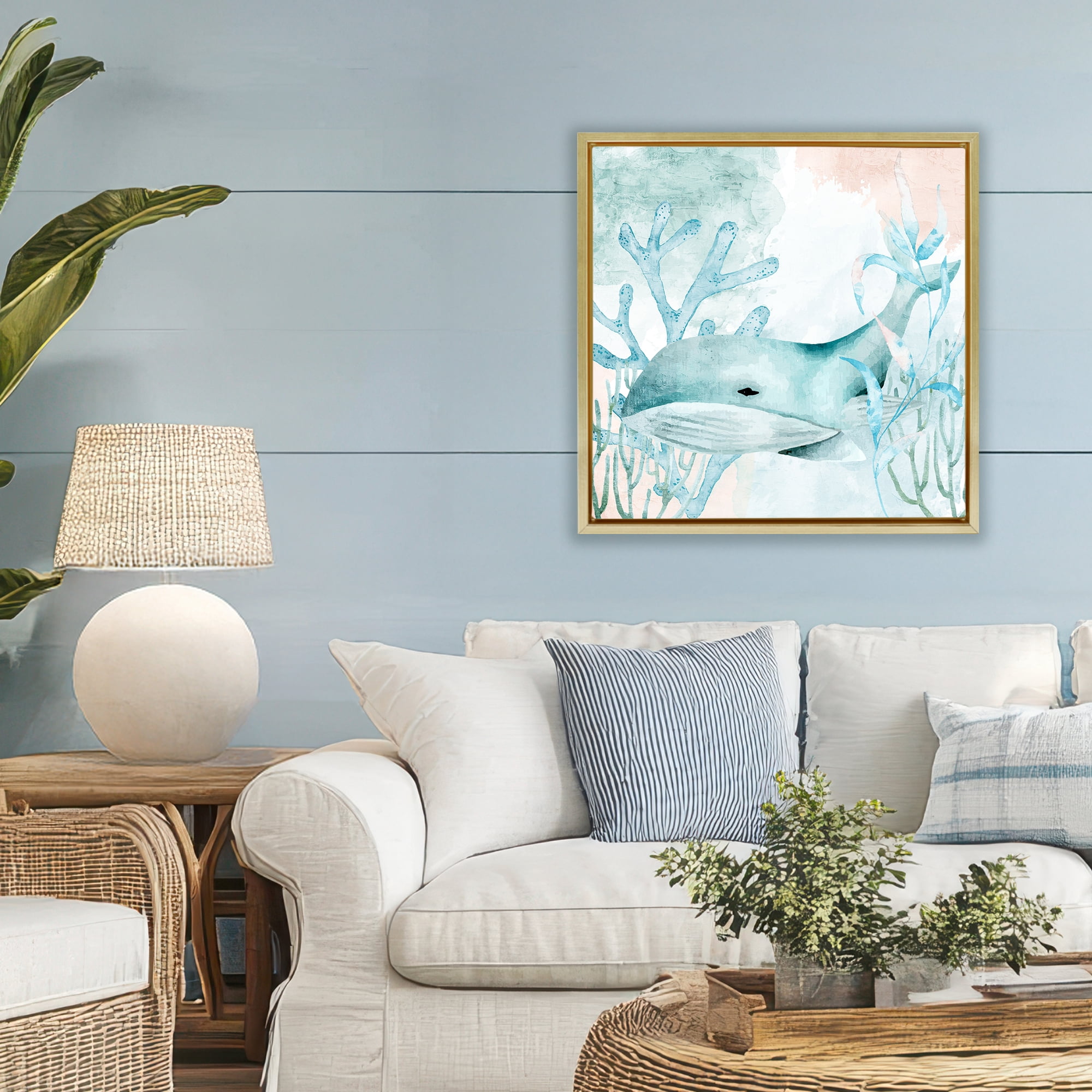 Stupell Industries Whale Sea Swim Gold Framed Floater Canvas Wall Art, design by Kim Allen