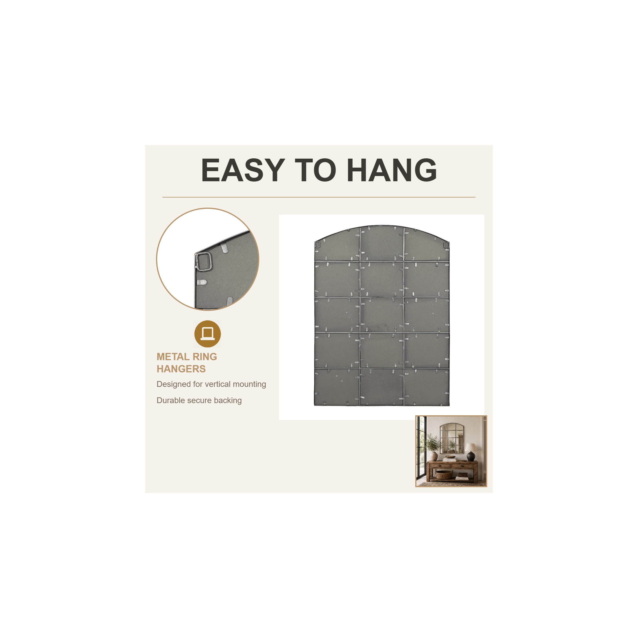 DecMode Industrial Metal Arched Window Pane Shape Wall Mirror with Dark Gray Finish, 30"W x 40"H