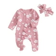 thumbnail image 2 of Bellafa Baby Girls Footies Ruffle Zip Up Onesie Romper Newborn Infant Floral Knit Jumpsuit with Headbant 2 Piece Coming Home Outfits, 2 of 9
