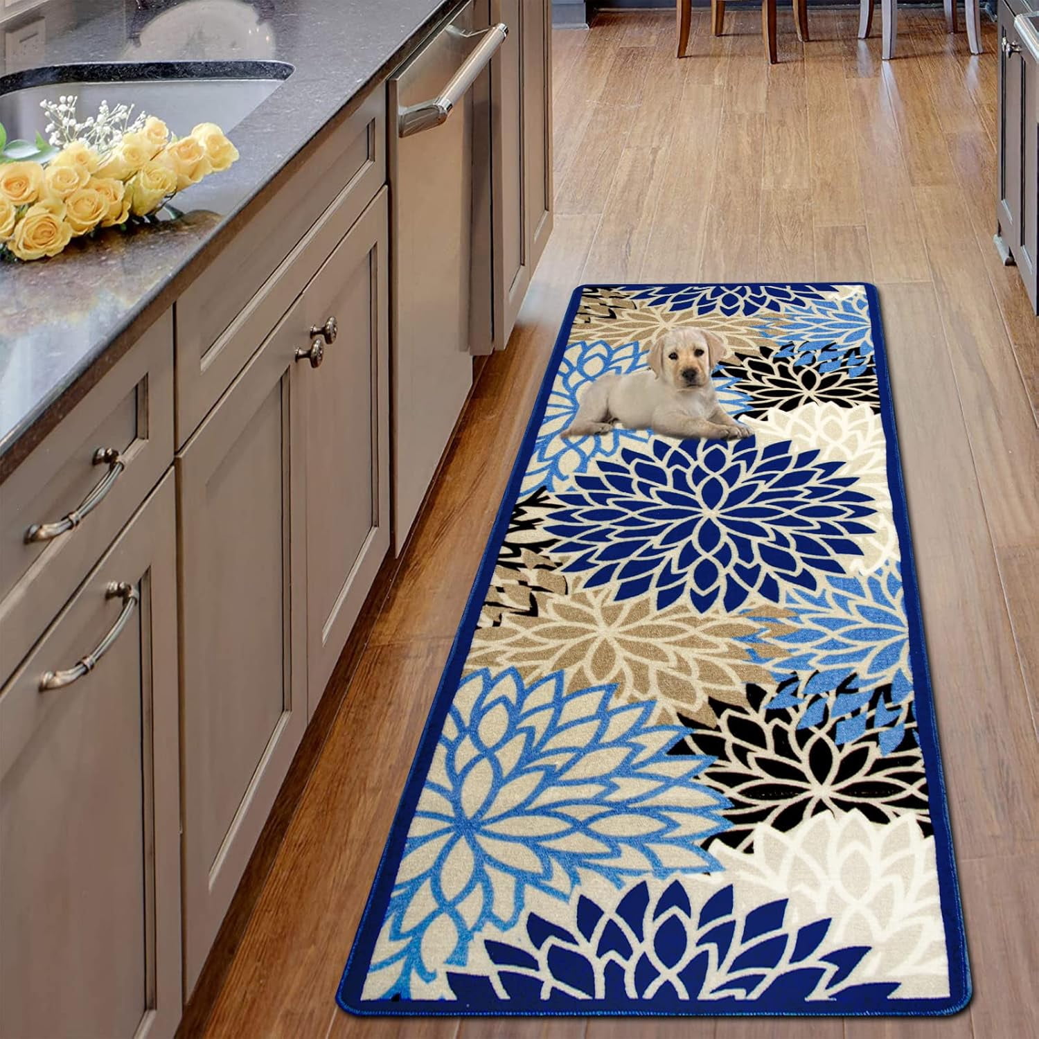 Runner Rugs for Hallway, Yamaziot 2'x6' Laundry Room Mat, Washable Non Slip Kitchen Rug, Floral Bathroom Floor Carpet Doormat, Blue