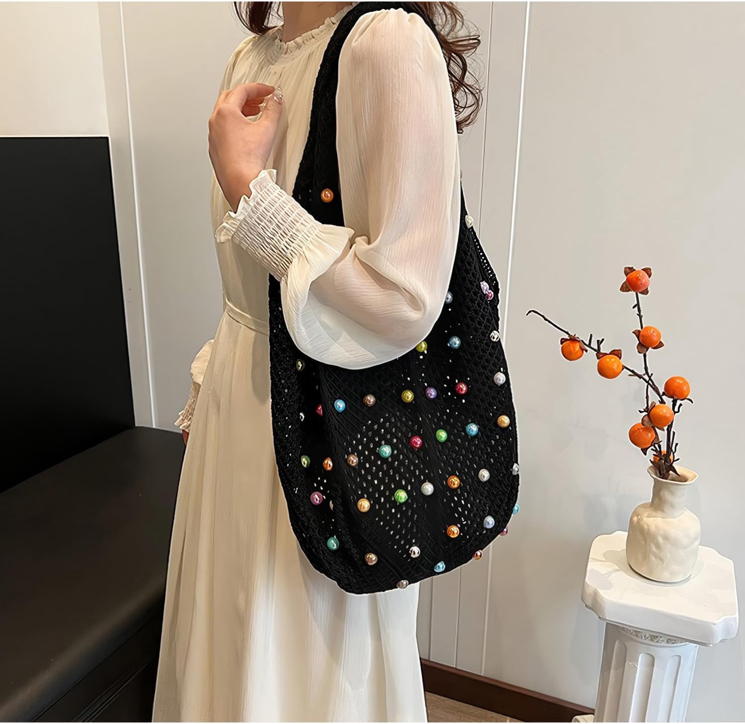 CAILDANL Boho Crochet Beach Tote Shoulder Bag with Colored Beads | Colorful Aesthetic Hippie Knit Bag for Women